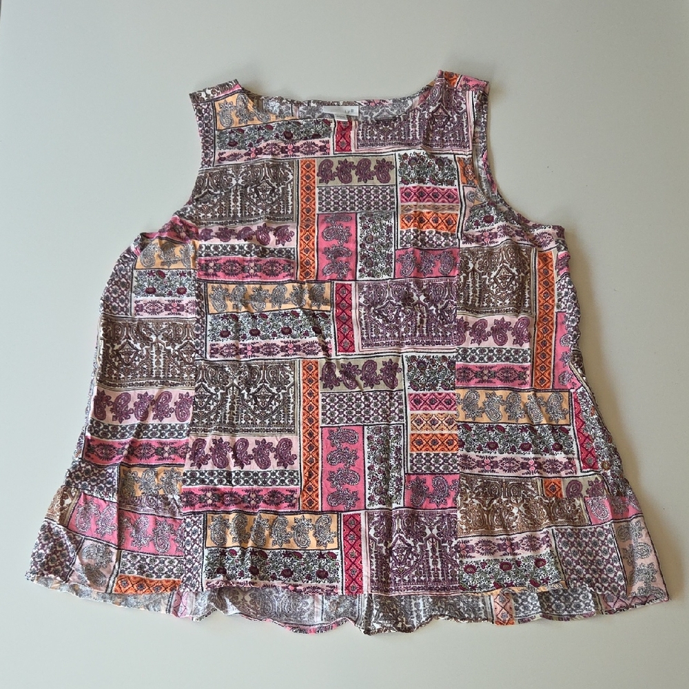 J. Jill Multicolor Patchwork Tank Top Size L Pink, Peach, Brown, White, Green
